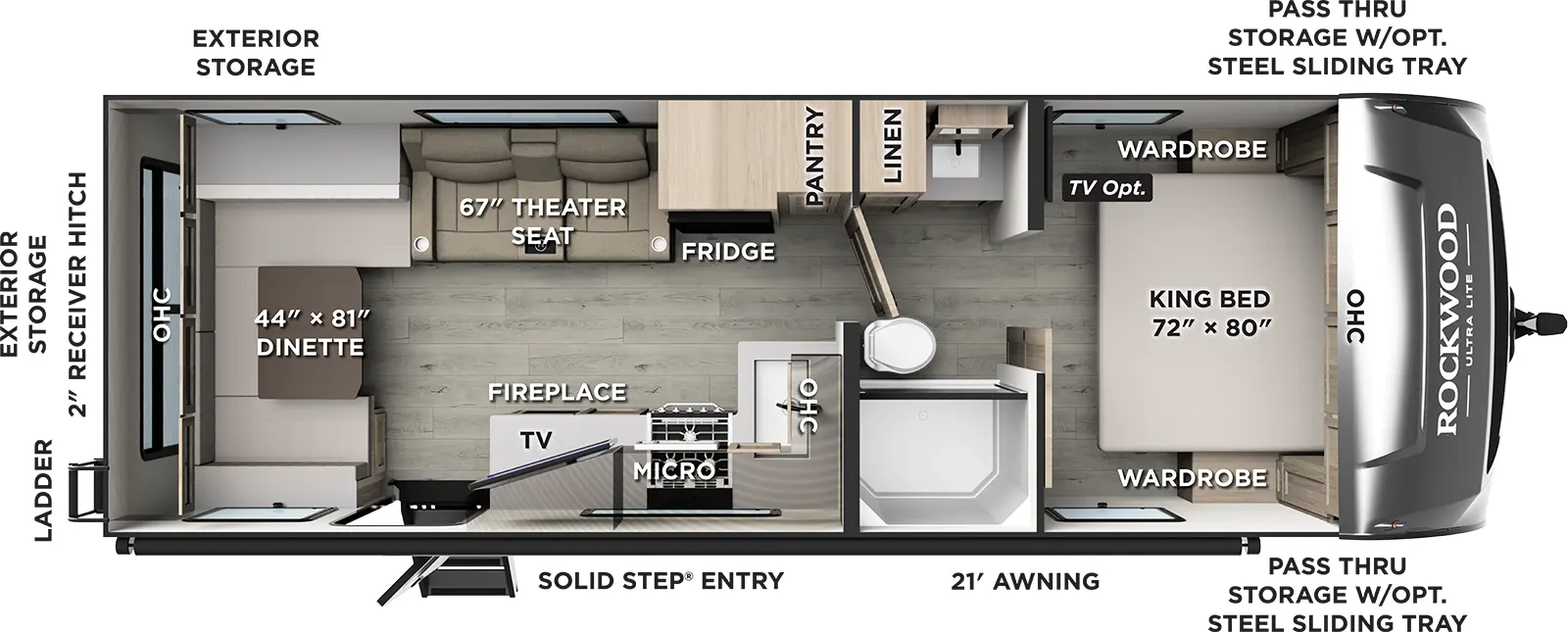 The Rockwood Ultra Lite Travel Trailers 302RDT floorplan has one entry and zero slide outs. Exterior features include: fiberglass exterior and 21' awning. Interiors features include: u-dinette, front bedroom and pass through bathroom.